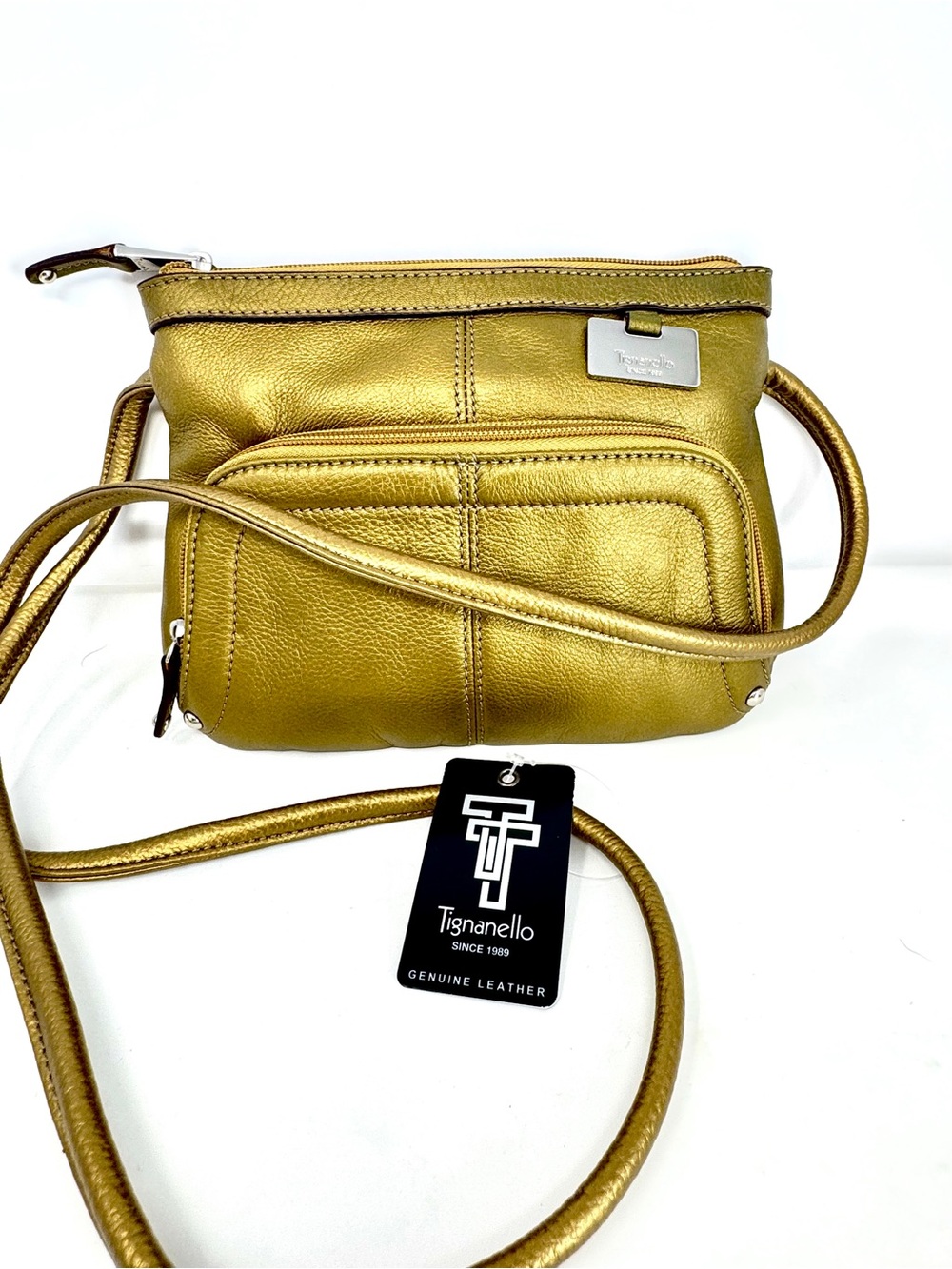 NWT Tignanello Women’s Gold Metallic Crossbody Bag Zip Closure Charm